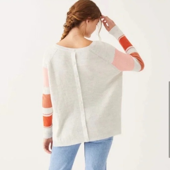 Mersea Camden Striped Traveler Knit Sweater Sea Salt & Coral Rose Back Button - Picture 2 of 13